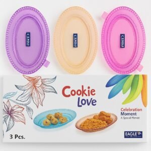 EAGLE Cookie Love Oval Serving Tray Set – 3 Pcs | Multicolor Plastic Plates for Snacks, Sweets & Cookies