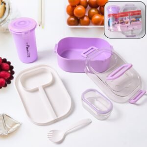 Plastic Lunch Box With Small Box, Bottle & Sponn for Kids Lunch Box (4 Pc Set)